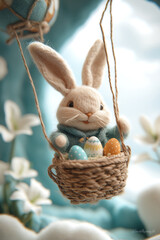 Charming Easter Bunny&rsquo;s Hot Air Balloon Voyage: Soaring Through Woolen Cloudscapes with Decorative Eggs in a Whimsical Travel-inspired Easter Wonderland