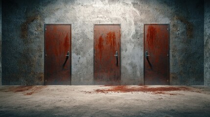 Mysterious bloodied doors abandoned location horror scene dark environment foreboding viewpoint suspenseful concept