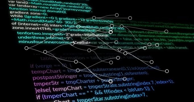 Animation of flowchart overlaying colorful programming code on dark background