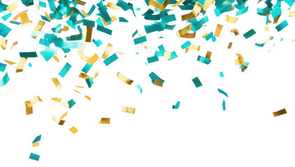 a scattering of colorful confetti in teal and gold against a white background evoking a festive atmosphere suitable for celebrations and special occasions