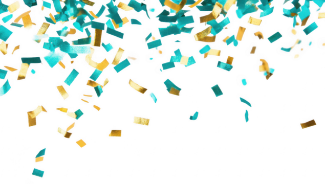 a scattering of colorful confetti in teal and gold against a white background evoking a festive atmosphere suitable for celebrations and special occasions