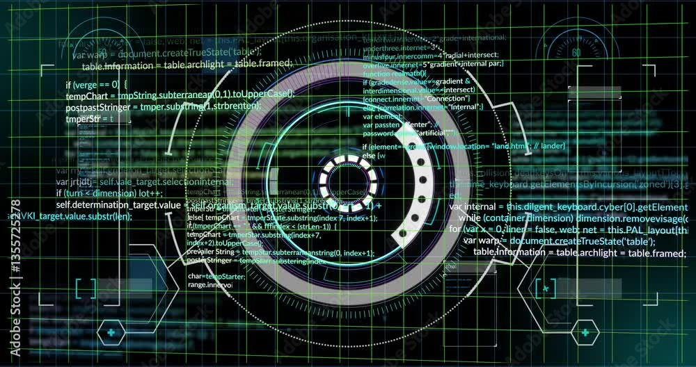 Poster animation of futuristic digital interface with rotating elements in school setting