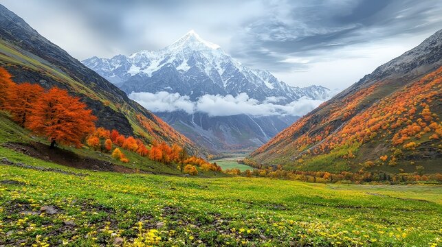 Majestic Autumn Mountain Valley Landscape  Snow capped Peaks  Colorful Trees  Blooming Mea