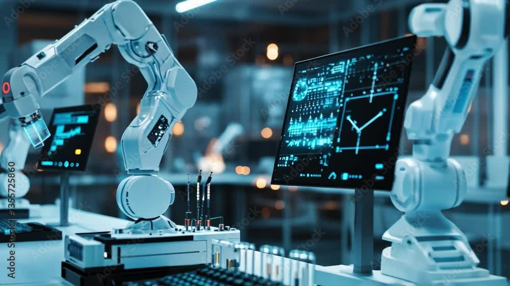 Poster robotic precision in modern factory: an advanced industrial setting showcasing robotic arms interact