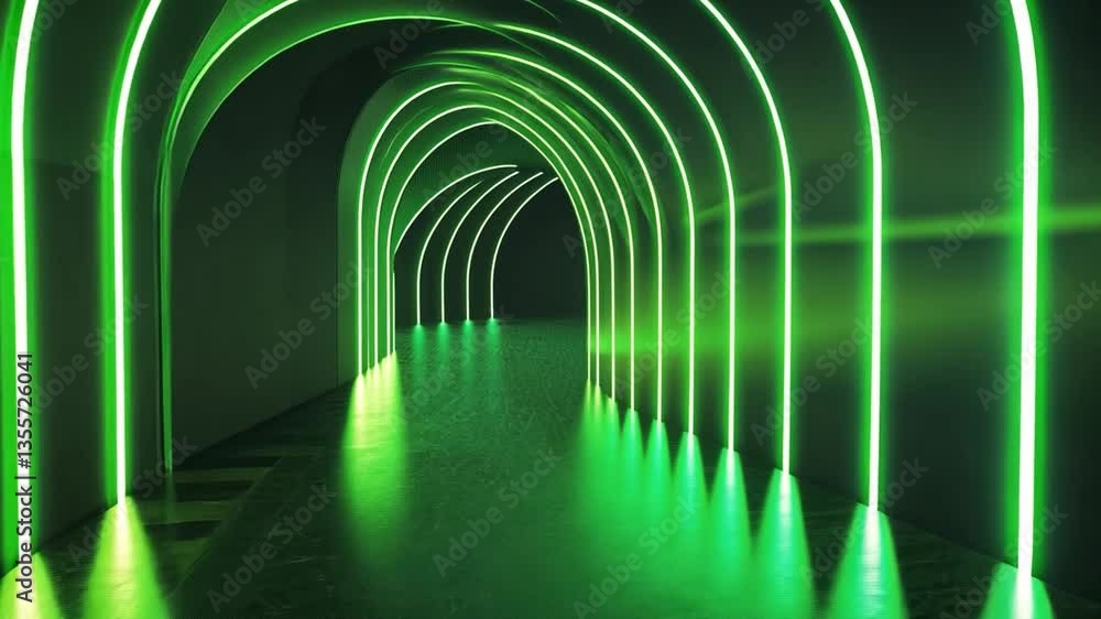 Poster neon glow tunnel: an alluring tunnel illuminated by neon green lights, creating a mesmerizing atmosp