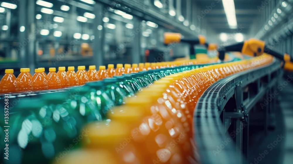 Poster beverage production process factory setting manufacturing line industrial environment close-up view 
