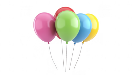 a cheerful arrangement of five colorful balloons including pink green red blue and yellow floating gently against a plain white background evoking a sense of celebration and joy