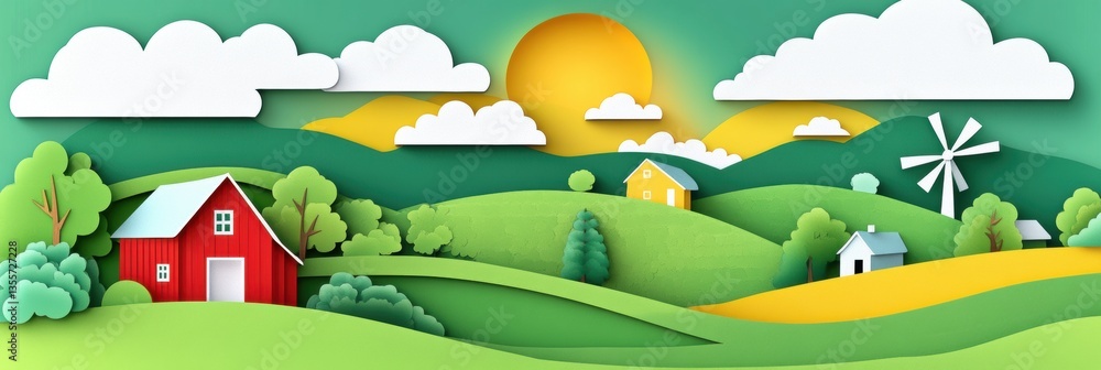 Poster discover the charm of a rural landscape with rolling fields, barns, and windmills in inviting countr