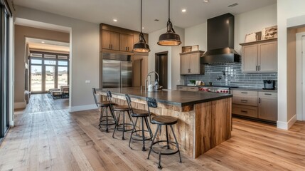 Modern farmhouse kitchen with island, hardwood floors, and industrial lighting.