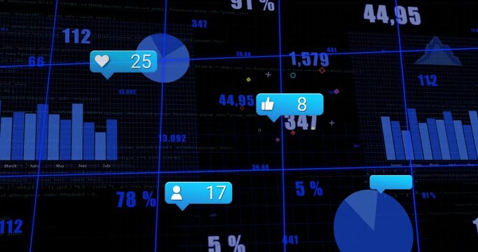Animation showing social media notifications and analytics on digital grid background
