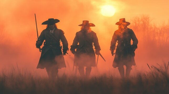 Musketeers adventurers: heroic defenders, gallant warriors, historical legends, valorous protectors, noble soldiers, daring exploits, legendary swordsmen, French knights, timeless valor.