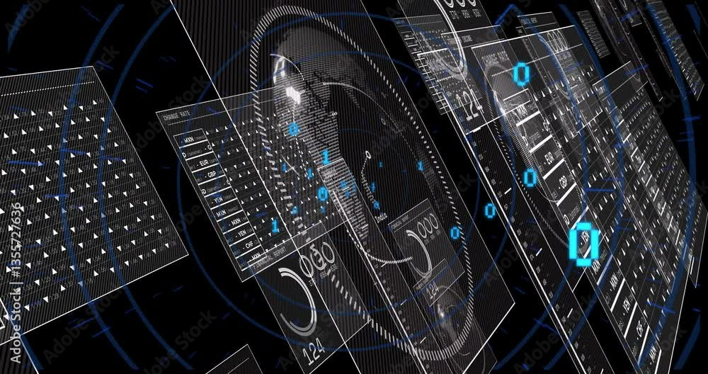 Poster animating digital data in futuristic interface with numbers in school setting