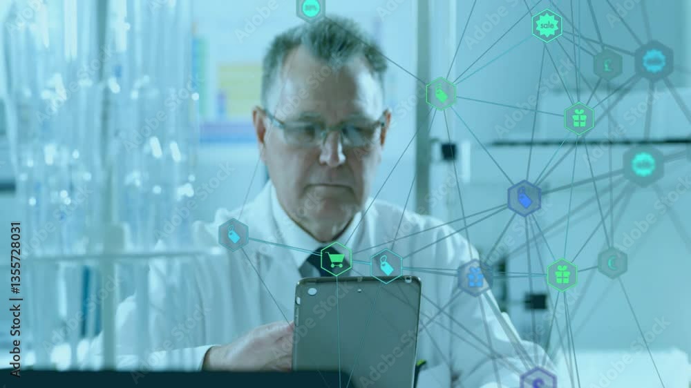 Poster working with animation, scientist using tablet with network icons overlaying