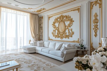 Luxurious white living room with gold accents, scenic view