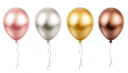 four shiny balloons in pastel colors pink silver gold and bronze each with a ribbon attached suggesting a festive atmosphere suitable for celebrations and events