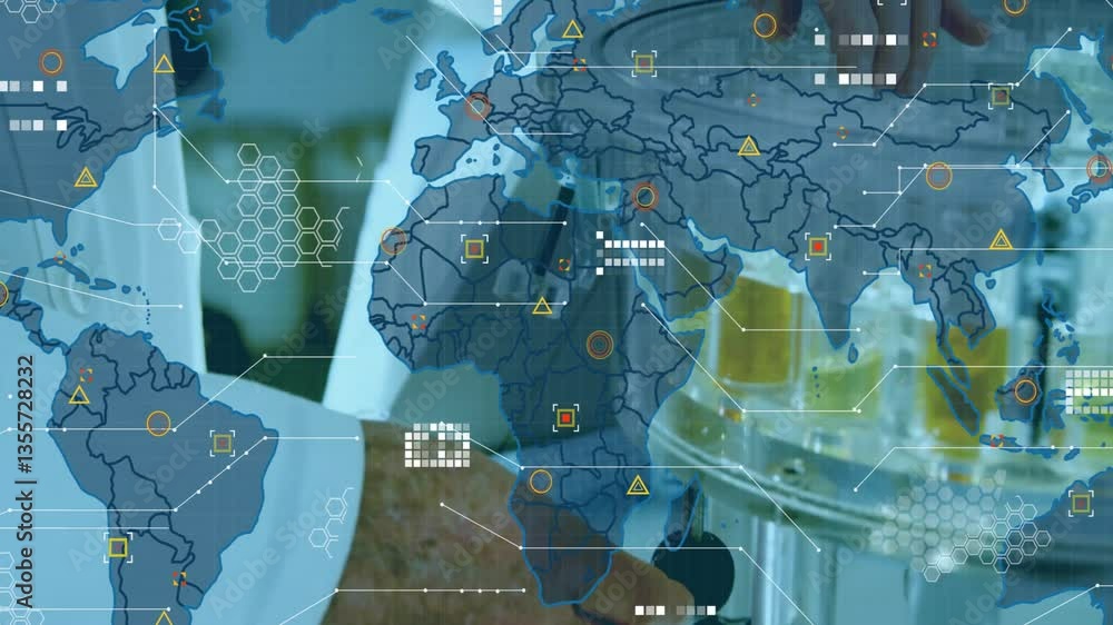 Poster processing data animation over world map in laboratory setting with scientists