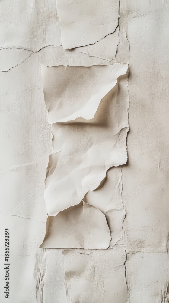 Aufkleber layers of paper and paint creating a textural, abstract art piece in subtle neutral tones and rough 