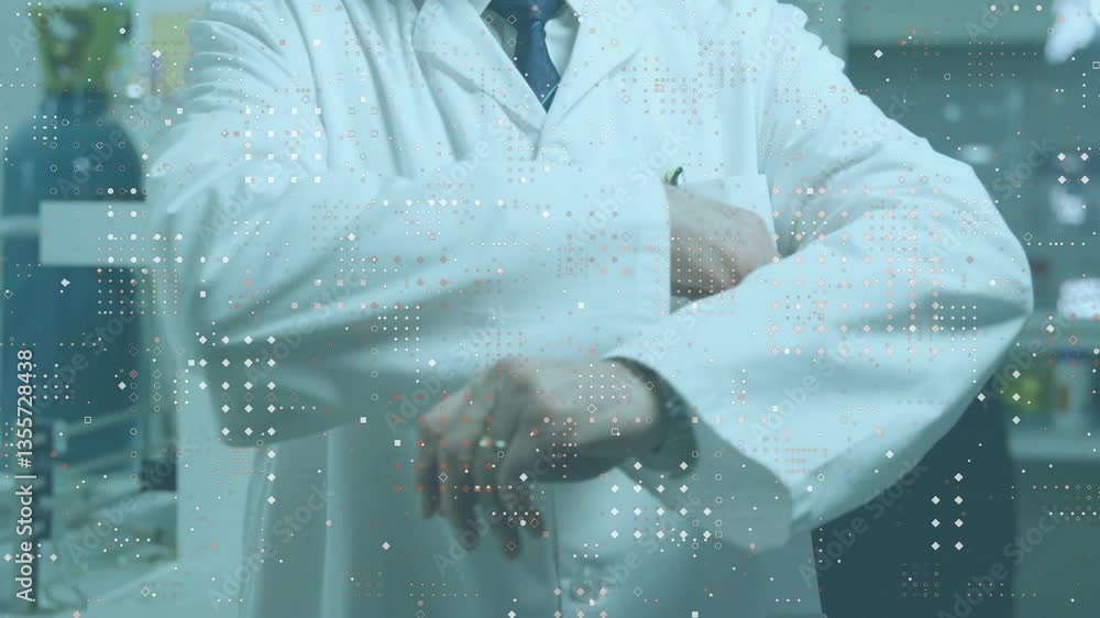 Poster scientist in lab coat with arms crossed over digital data animation