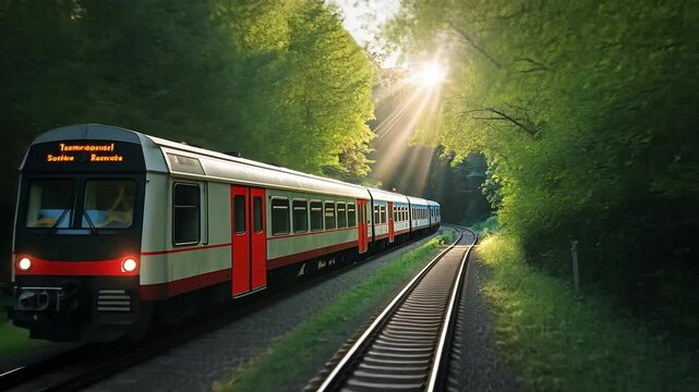 Journey Through Nature: A passenger train emerges from a lush green tunnel of trees, traveling along a track that seems to disappear into the distance. The image captures a moment of travel.