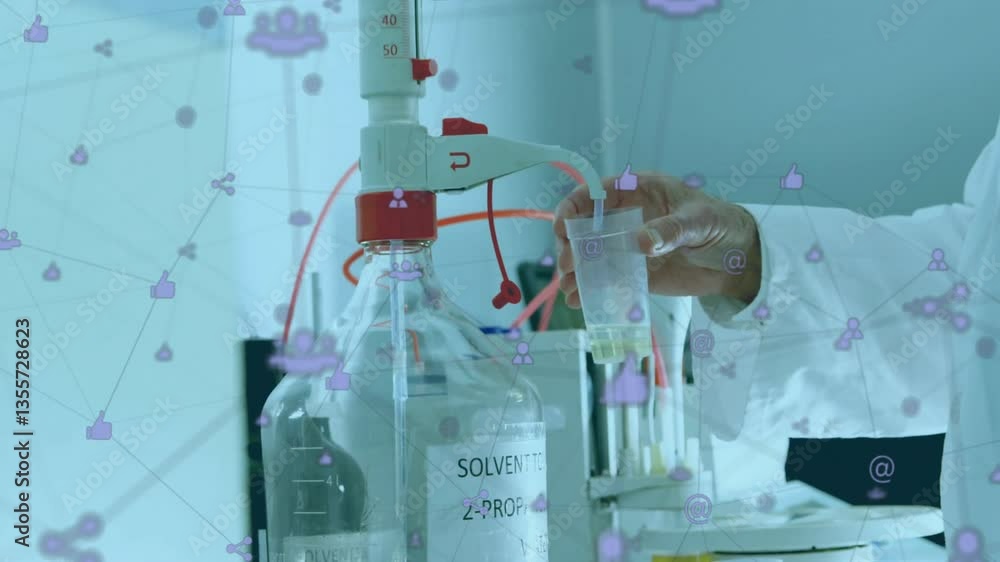 Poster scientist handling solvent in laboratory with social media icons animation overlay