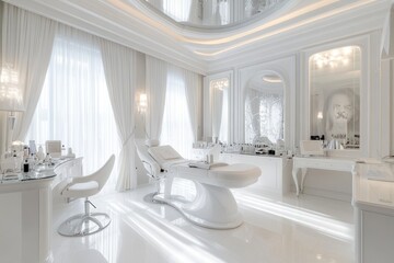 Luxurious white spa treatment room with massage bed,  location