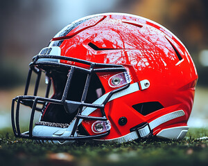 Wet Football Helmet on Grass.