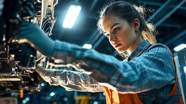 Precision and Skill: A dedicated female engineer meticulously works on a complex machinery, showcasing her expertise and focus in a modern industrial setting.