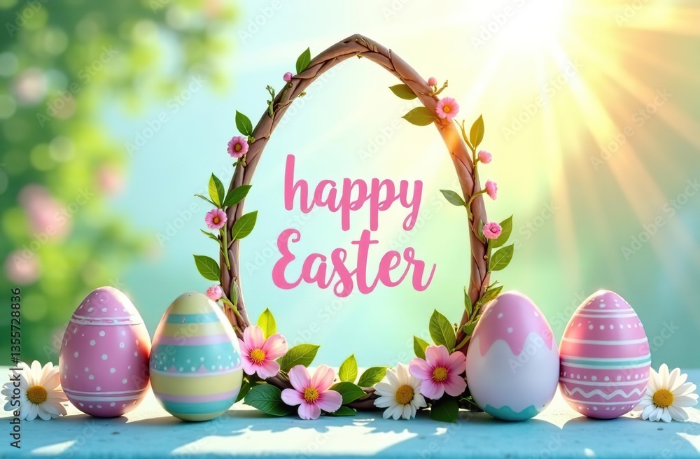 Wall mural easter-themed egg-shape digital decorative frame with text inside. frame is adorned with spring past