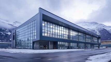 Obraz premium Modern glass and steel building in snowy mountain landscape.
