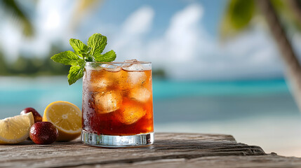 Fototapeta premium Refreshing Iced Cocktail with Lemon and Cherry on Tropical Beach