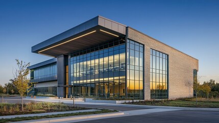 Modern glass and stone office building at sunset.