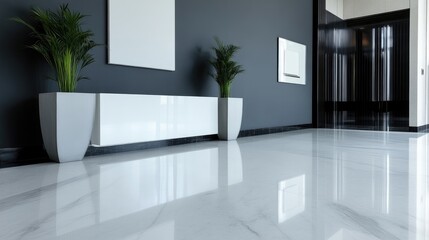Modern hallway with sleek white marble floor and minimalist decor