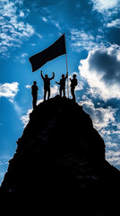 Silhouette of triumphant group on mountain peak with flag waving against cloudy sky