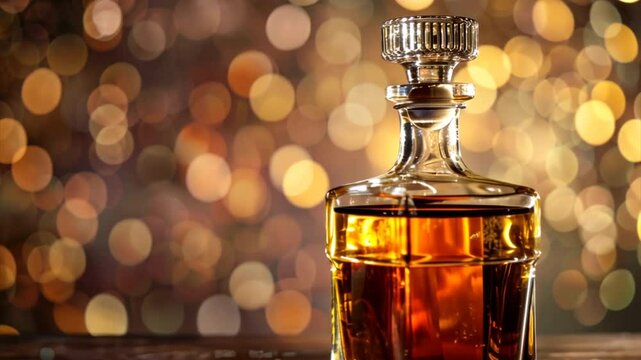 Scotch whiskey or brandy bottle, alcohol drink isolated on luxury golden background with copy space