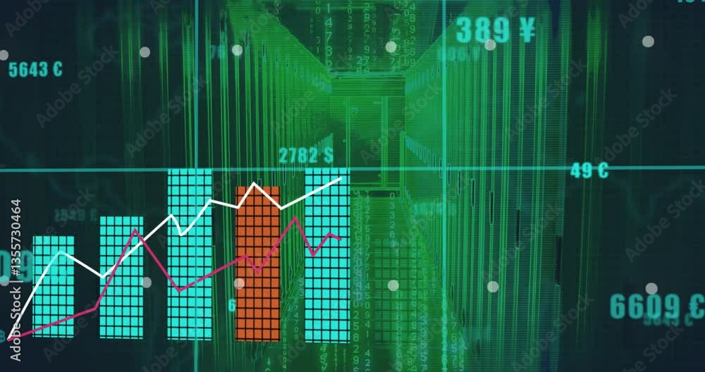 Poster animation of financial data charts and graphs with currency symbols in school