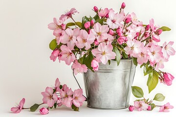 Pink spring flowers in a tin bucket, white background, nature bloom decoration