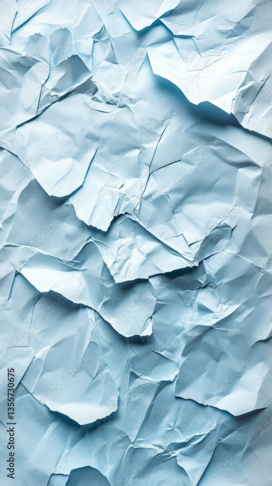 Poster abstract composition of crumpled light blue paper, creating texture and visual interest with shadows