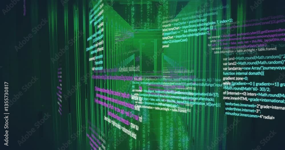 Poster animation of digital code streams creating futuristic school virtual environment
