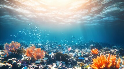 Naklejka premium Ocean Pollution Coral Reef Damaged by Plastic Waste