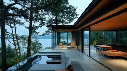 Fototapeta premium Modern glass house with infinity pool overlooking lake at dusk.