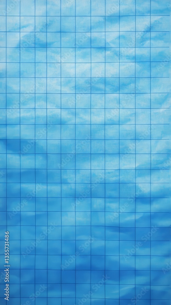 Poster sky reflection on a blue building facade creating a grid pattern reflecting the clouds and light.