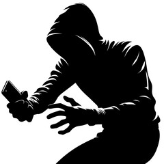 Hooded hacker with phone preparing for fraudulent call