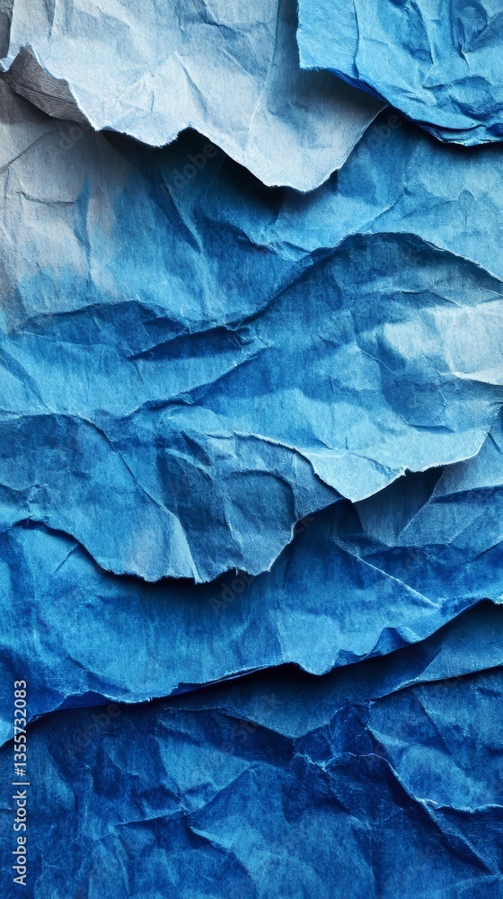 Poster abstract blue and white crumpled paper art with layered texture and jagged edges, creating visual de