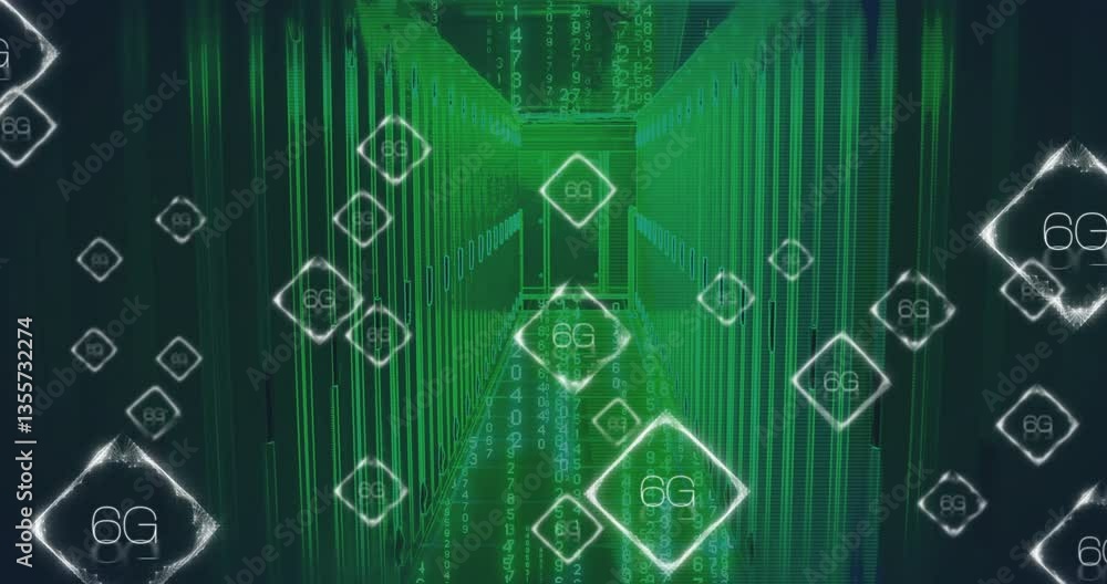 Poster floating 6g technology symbols in green digital corridor with animation elements