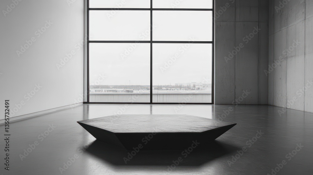 Poster modern hexagon concrete table in minimalist room with large window and city view.