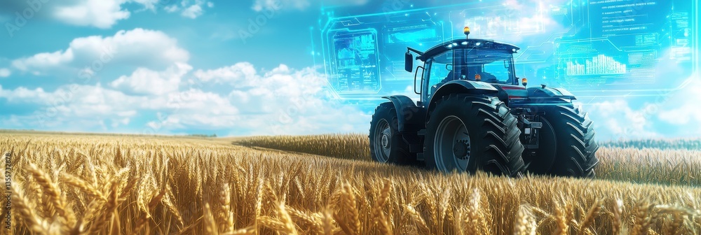 Poster futuristic autonomous tractor utilizes ai technology to harvest wheat in a sprawling field under a v
