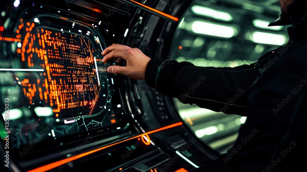 Aufkleber futuristic interface man interacting with glowing digital display