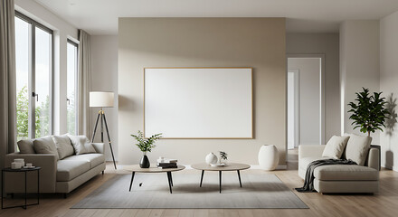 Fototapeta premium Modern Minimalist Living Room Interior Design with Large Empty Frame Mockup