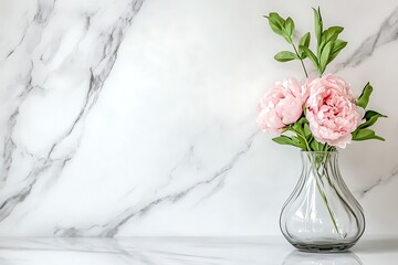 Fototapeta premium Pink peonies in glass vase against white marble background, floral arrangement