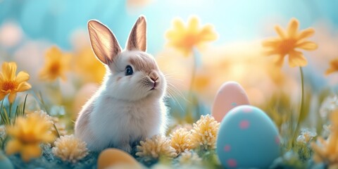 A cute bunny with painted eggs in a flower field